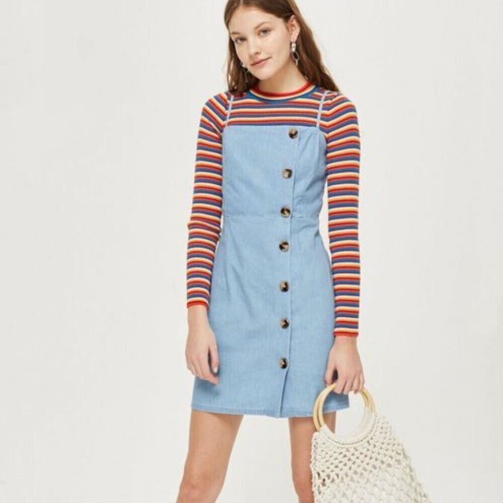 SOLD NWOT Topshop Asymmetric Button Denim Look Mini Dress 8P Blue - Picture 2 of 11